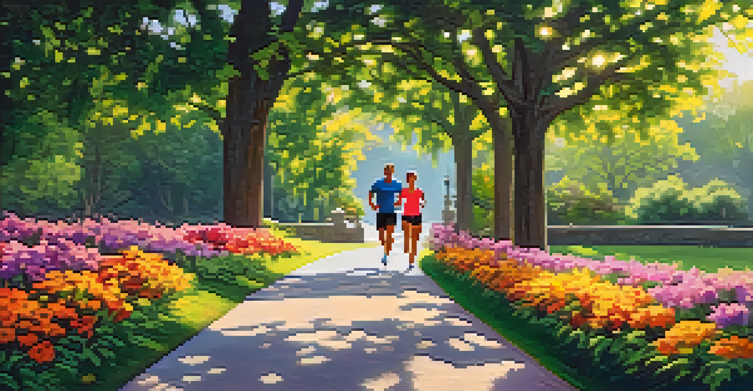 A couple jogging in a beautiful park filled with greenery and flowers on a sunny day.