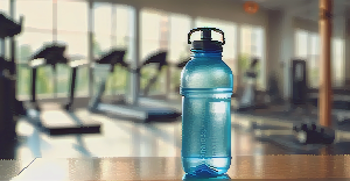 A close-up of a water bottle on a gym bench with condensation, and a blurred fitness studio in the background.