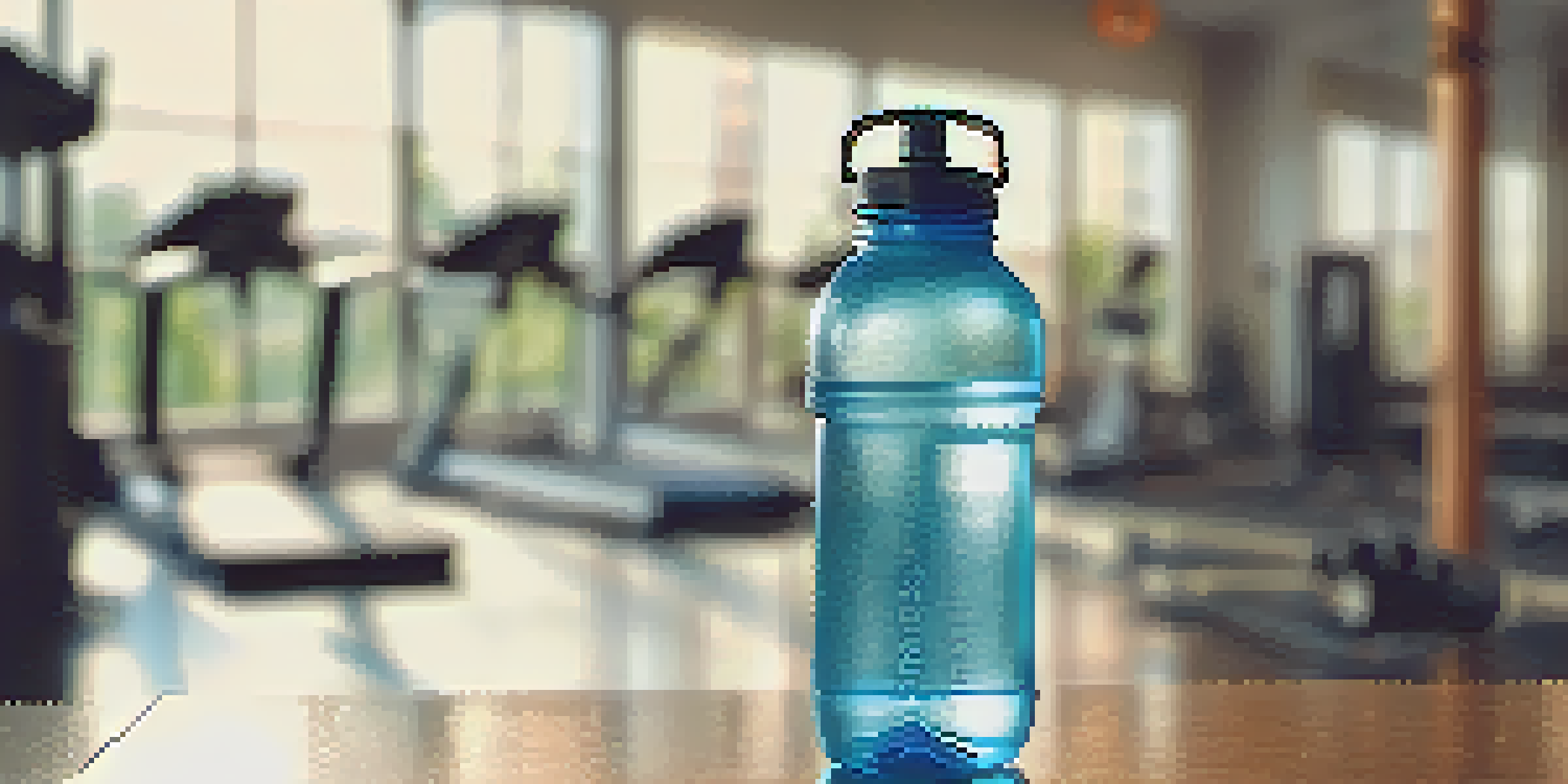 A close-up of a water bottle on a gym bench with condensation, and a blurred fitness studio in the background.