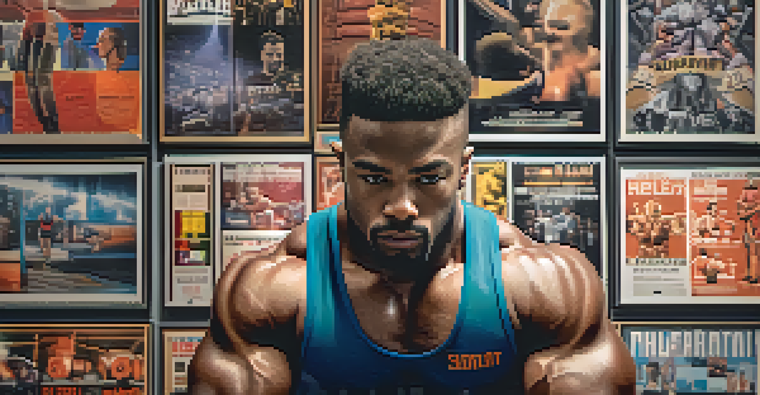 A weightlifter in a focused pose with motivational posters in the background, highlighting the connection between music and workout motivation.