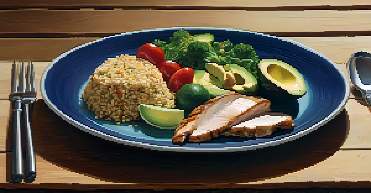 A close-up of a balanced meal featuring grilled chicken, quinoa, steamed vegetables, and avocado on a rustic wooden table.