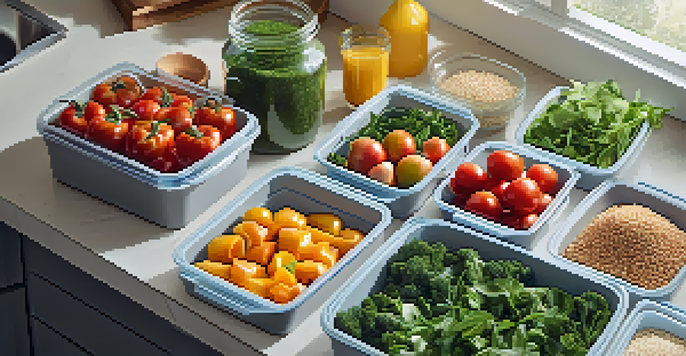 A colorful kitchen countertop with fresh vegetables, lean meats, and meal prep containers, illuminated by natural light.