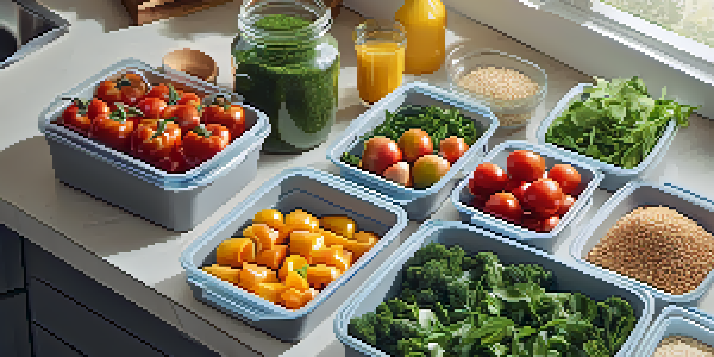A colorful kitchen countertop with fresh vegetables, lean meats, and meal prep containers, illuminated by natural light.