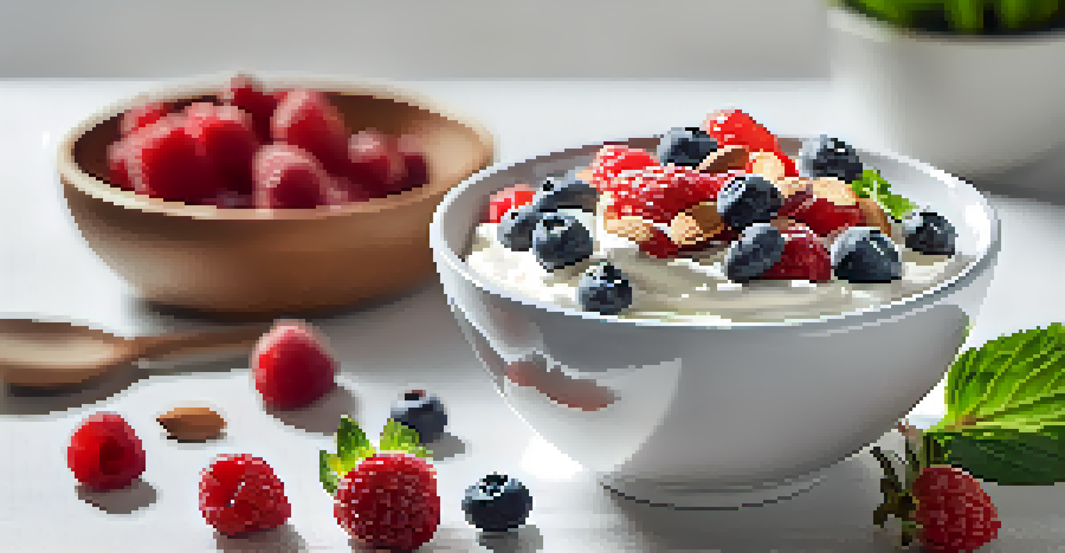 A bowl of Greek yogurt topped with berries and almonds, with a spoon and plant in the background.