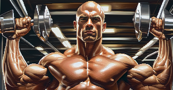 A male bodybuilder flexing his muscles in a gym, showcasing his defined muscles and gym equipment in the background.