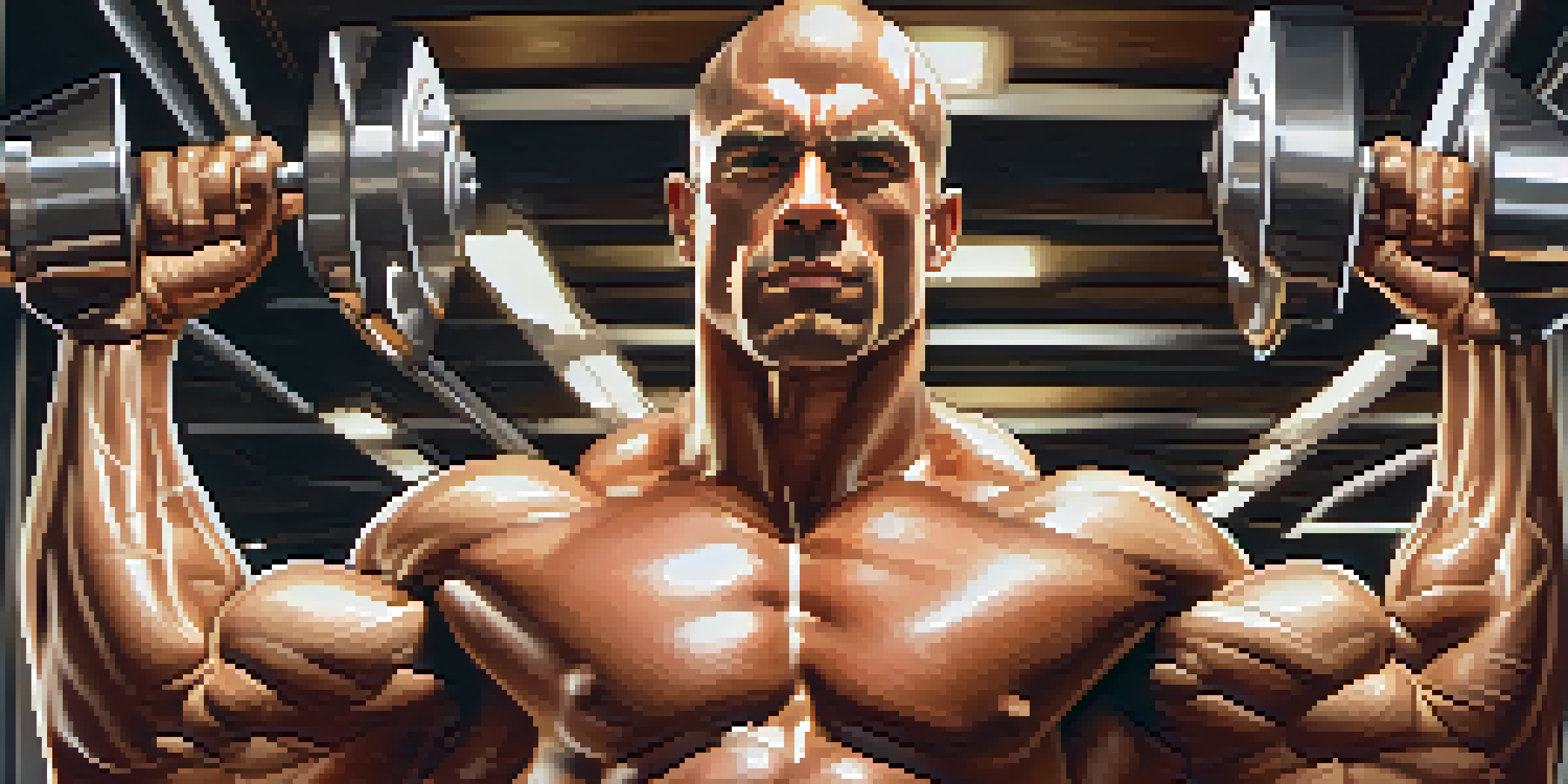 A male bodybuilder flexing his muscles in a gym, showcasing his defined muscles and gym equipment in the background.