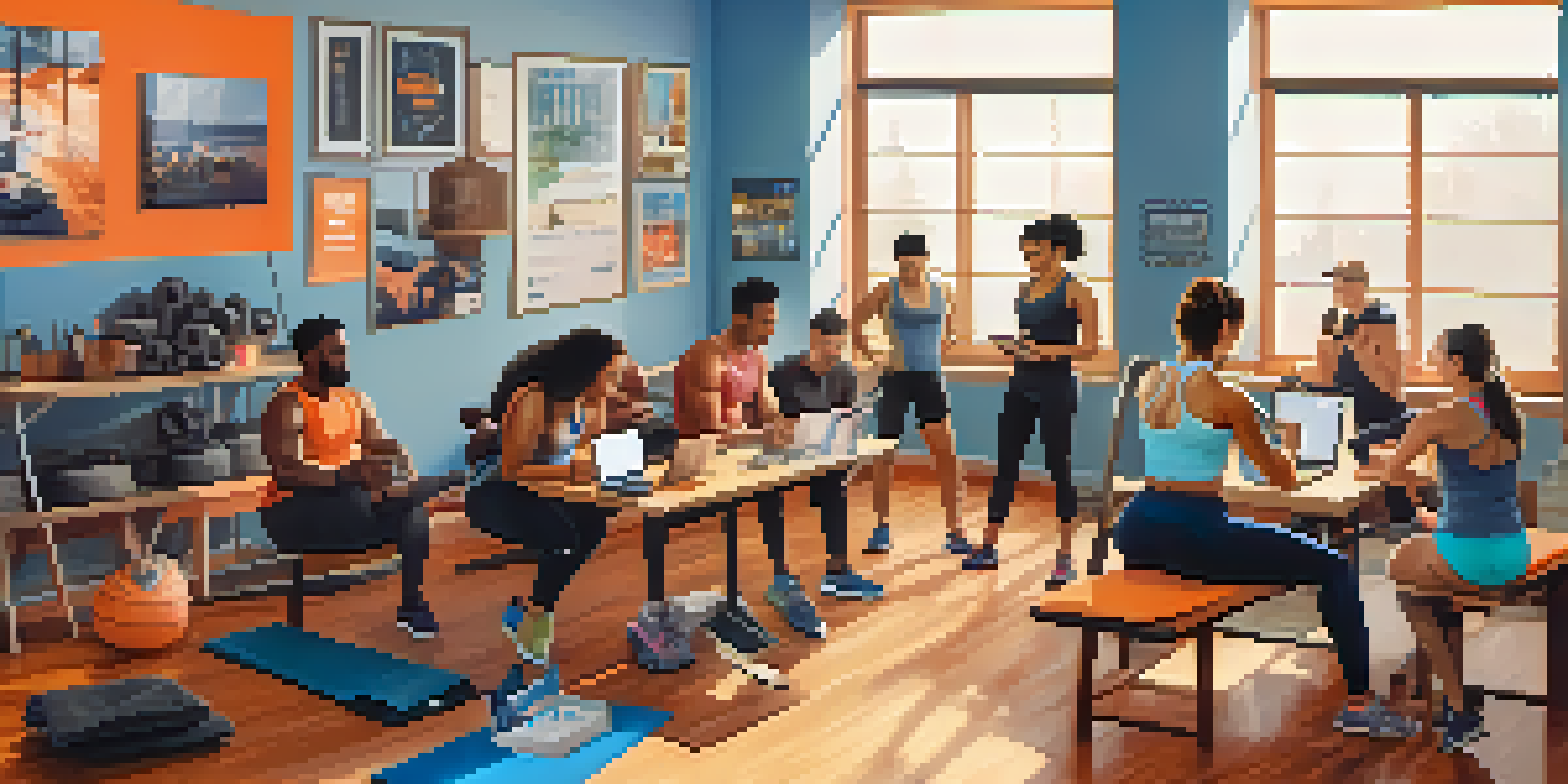 A diverse group of people interacting in an online fitness community, surrounded by motivational fitness decor.