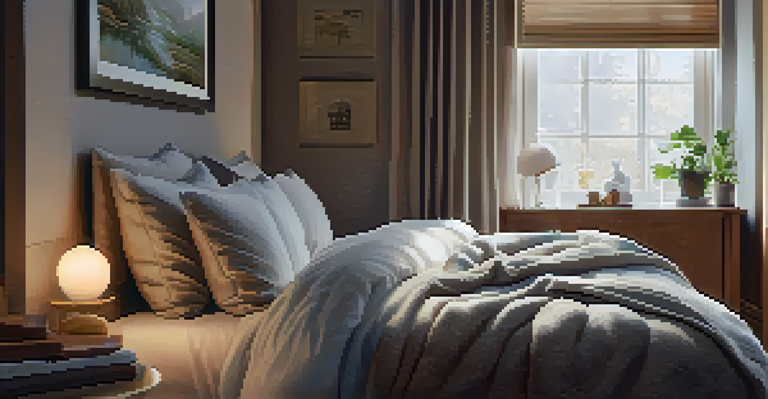 A peaceful bedroom scene with a person sleeping under soft blankets, emphasizing a calm and restful atmosphere.