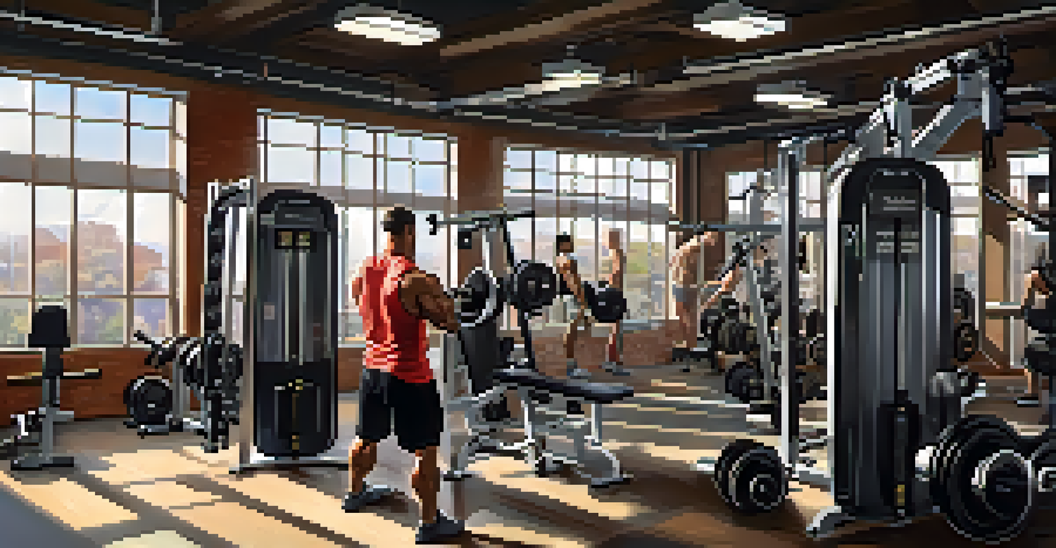 A bodybuilder lifting weights in a well-lit gym, focused and determined, surrounded by fitness equipment.