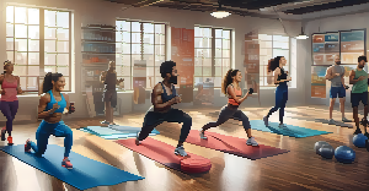 A diverse group of fitness enthusiasts participating in a virtual workout together, using smart devices to track their performance.