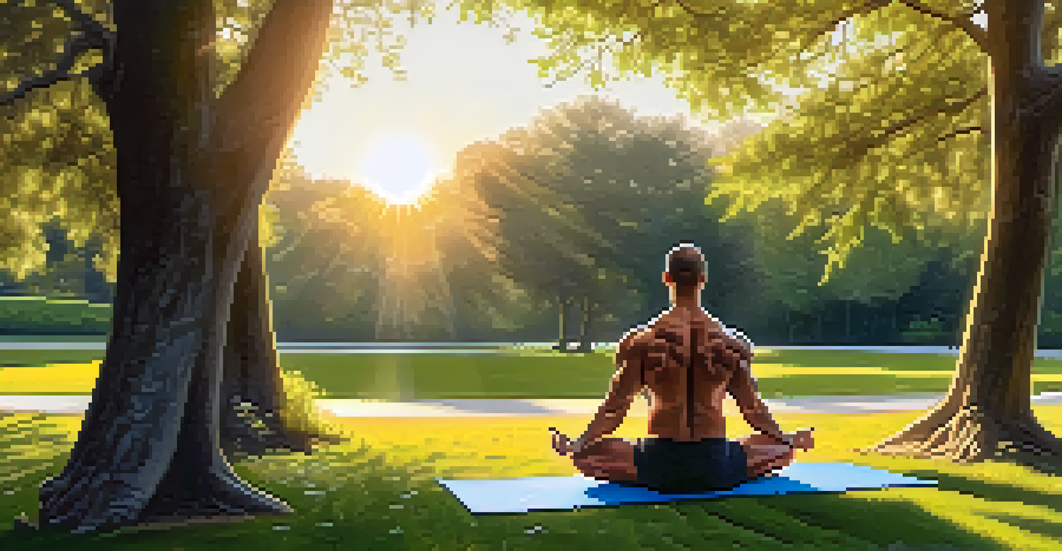 A bodybuilder practicing yoga in a tranquil park at sunset, emphasizing balance and mental well-being.