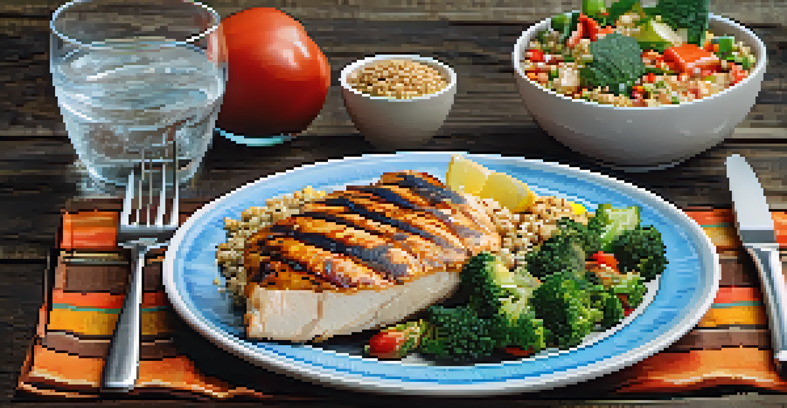 A colorful bodybuilding meal with grilled chicken, quinoa, and vegetables on a wooden table.