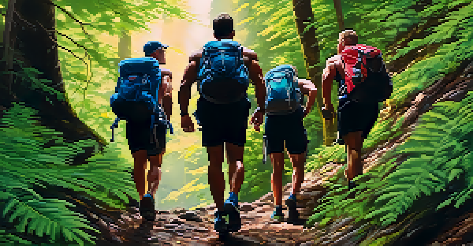 A group of bodybuilders hiking a mountain trail, surrounded by green foliage and bright sunlight.