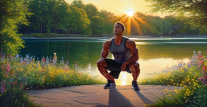 A muscular athlete doing squats in a green park during sunset, surrounded by trees and wildflowers.