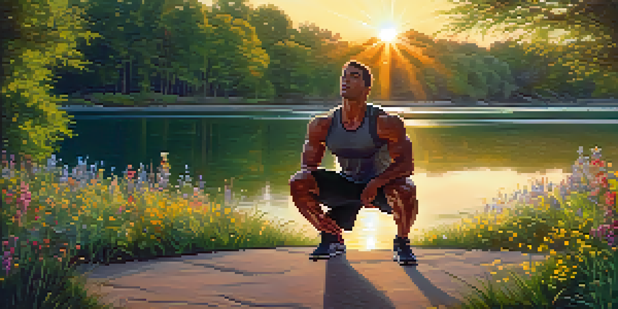 A muscular athlete doing squats in a green park during sunset, surrounded by trees and wildflowers.