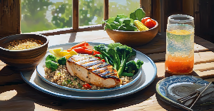 A healthy post-workout meal including grilled chicken, quinoa, and steamed vegetables on a wooden table with sunlight shining on it.