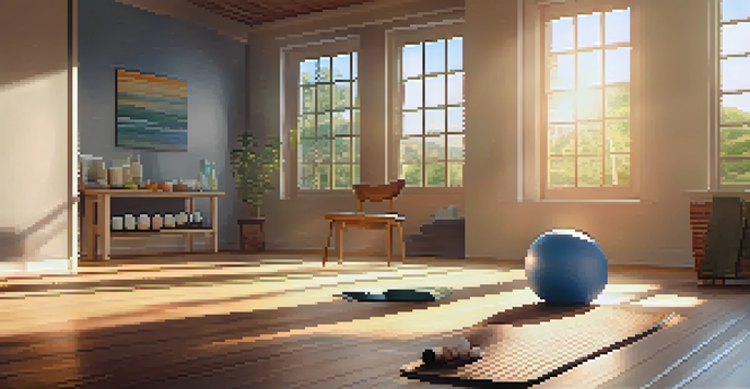 A peaceful room with a yoga mat, foam roller, and natural light, highlighting a focus on fitness recovery.