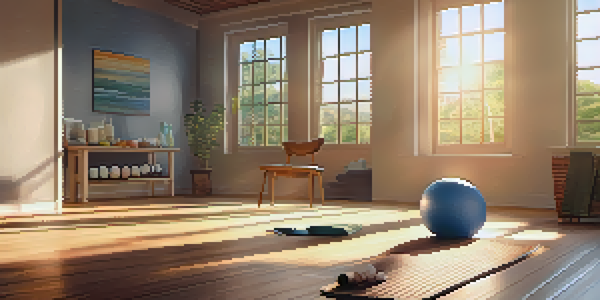A peaceful room with a yoga mat, foam roller, and natural light, highlighting a focus on fitness recovery.