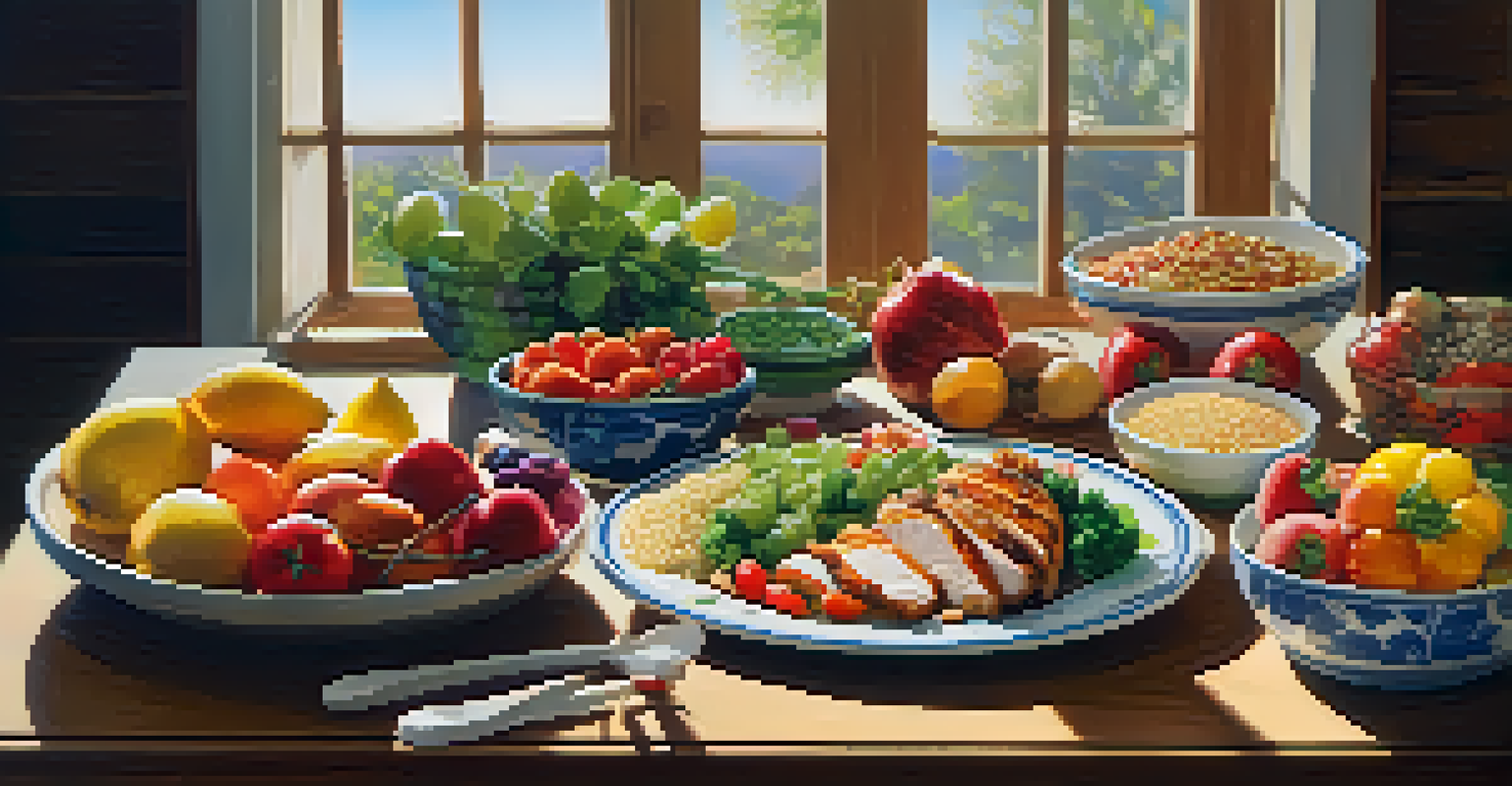 A nutritious meal featuring grilled chicken, quinoa, vegetables, and a protein shake on a wooden table, illuminated by sunlight.