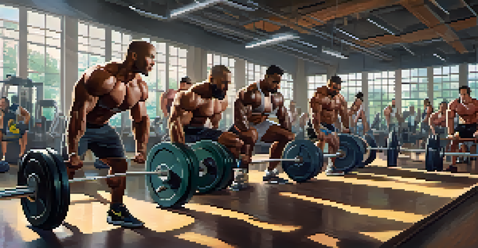 A group of diverse bodybuilders training together in a vibrant gym, showcasing encouragement and determination.