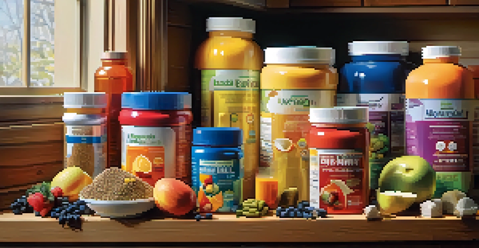 A colorful display of bodybuilding supplements on a kitchen table with fruits and a shaker bottle, illuminated by soft natural light.
