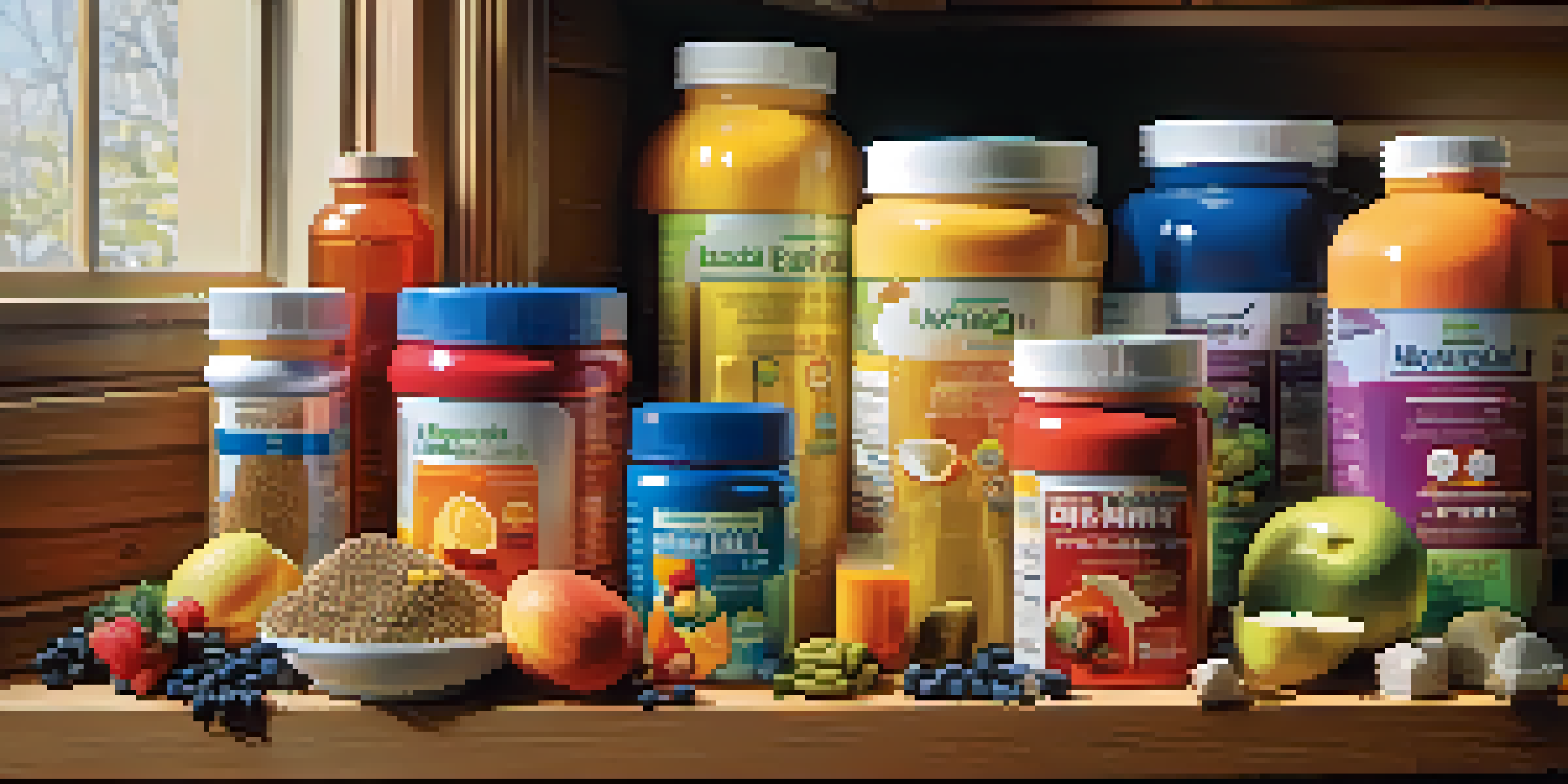 A colorful display of bodybuilding supplements on a kitchen table with fruits and a shaker bottle, illuminated by soft natural light.