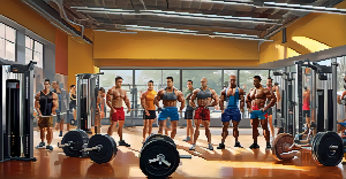 A diverse group of bodybuilders lifting weights in a well-lit gym, showcasing strength and determination.