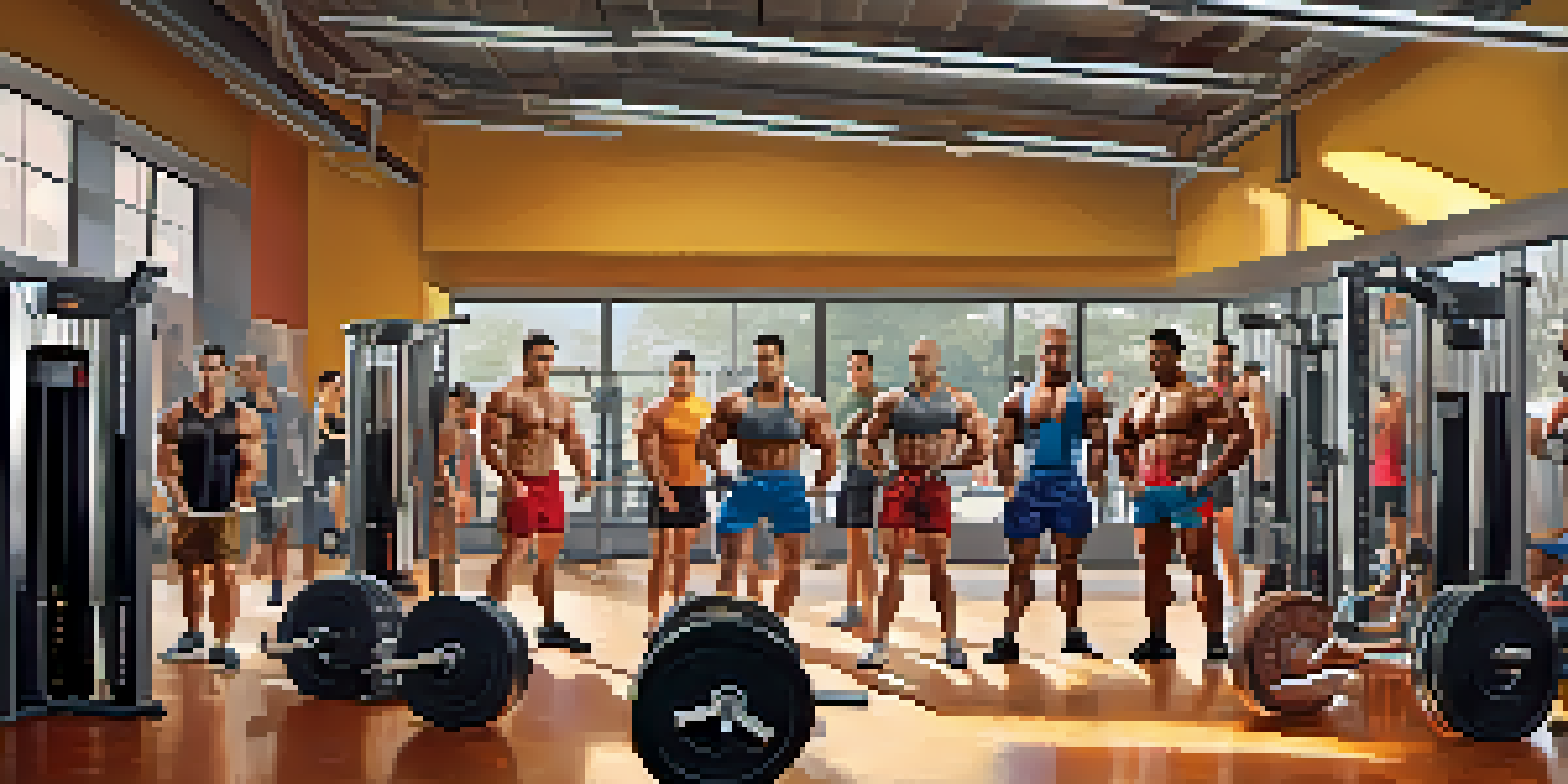 A diverse group of bodybuilders lifting weights in a well-lit gym, showcasing strength and determination.