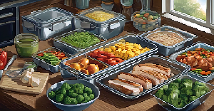 A bright kitchen with pre-prepared meals in containers, showcasing healthy food options, with warm lighting.