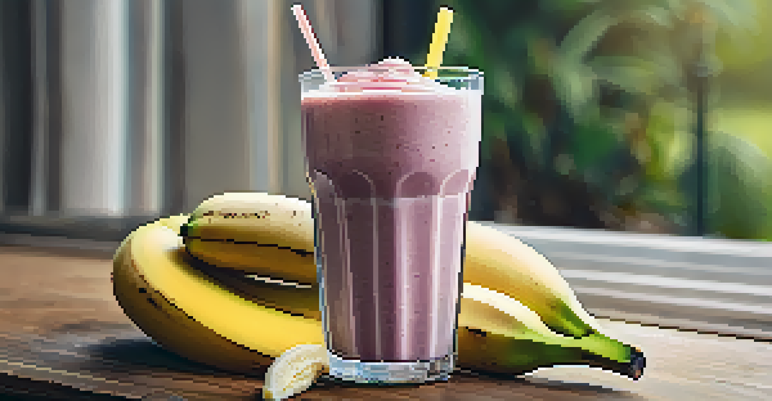 A nutritious post-workout meal of a protein shake and a banana on a wooden table, emphasizing the importance of nutrition in recovery.