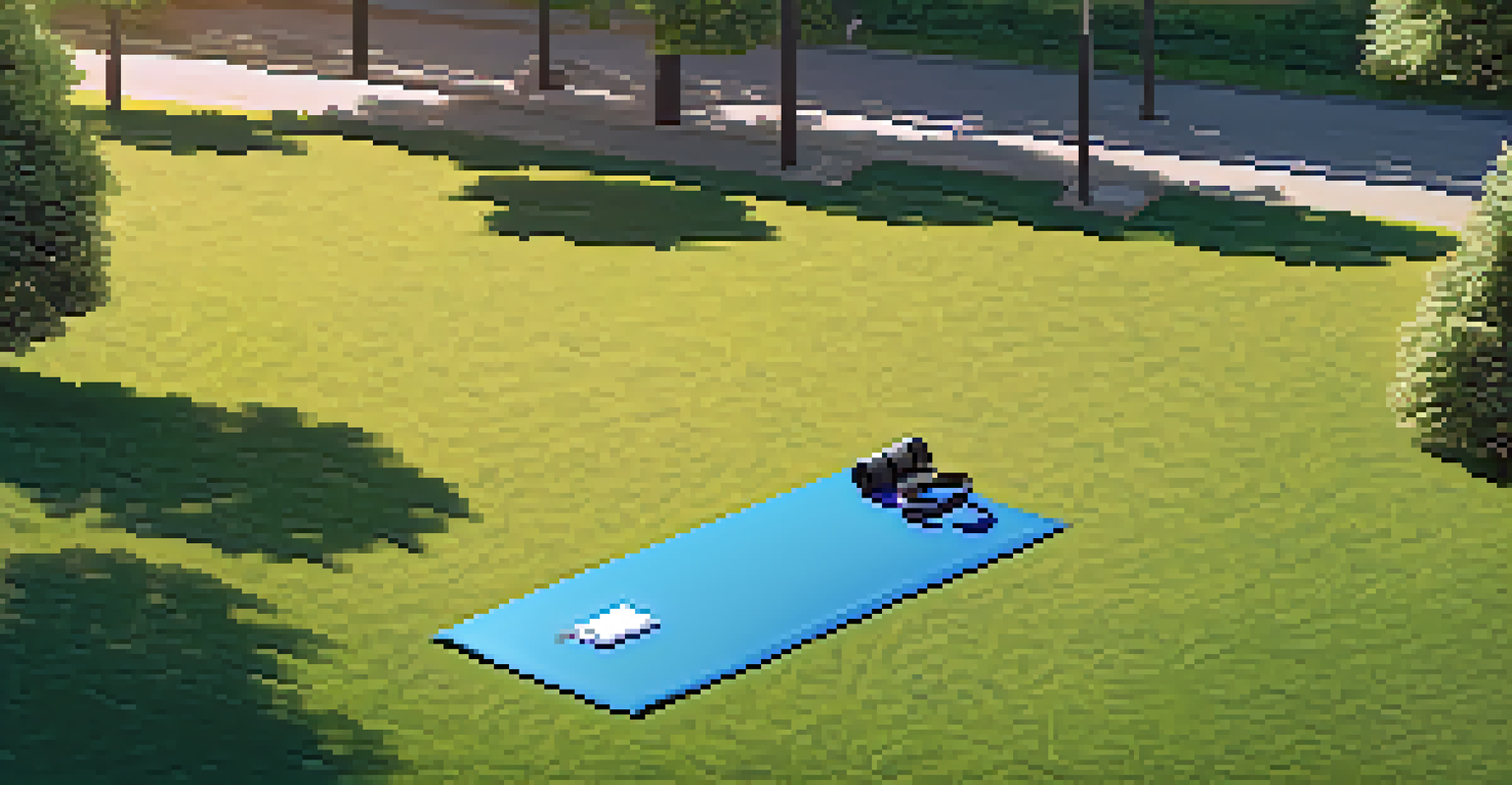 An overhead view of a fitness mat in a park, surrounded by grass and trees, with a water bottle and towel nearby.