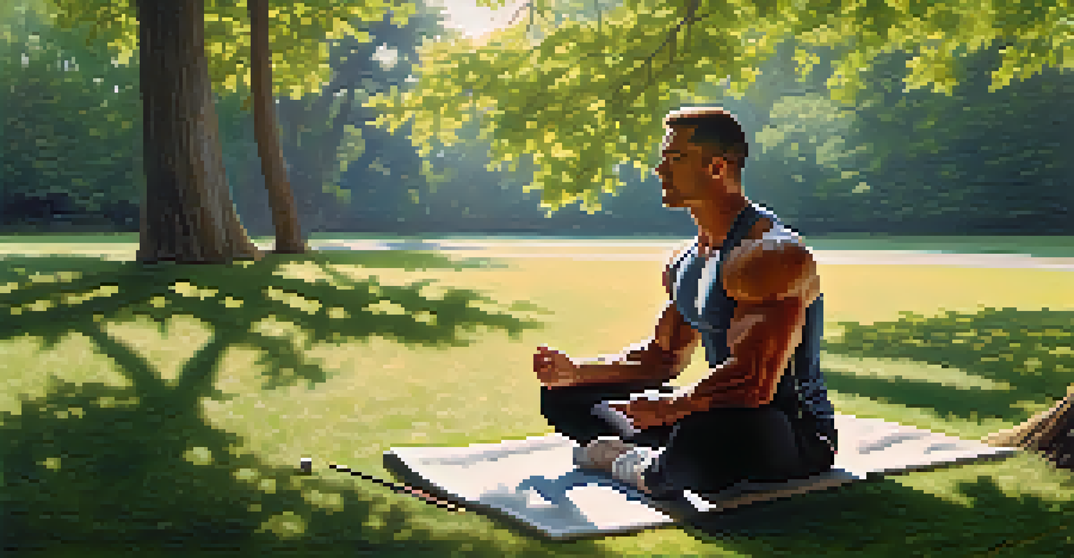 A bodybuilder meditating in nature, highlighting mindfulness and tranquility in a serene outdoor environment.