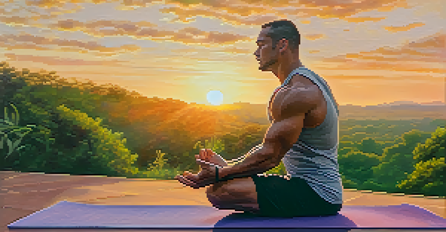 A bodybuilder doing yoga at sunset in a lush green environment, promoting relaxation and mindfulness.