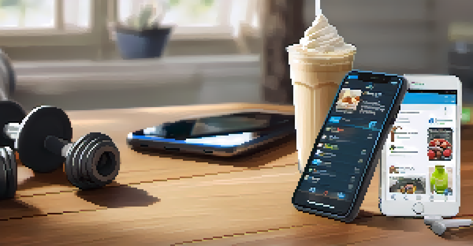 A close-up of a smartphone showing fitness updates on social media, alongside a protein shake, symbolizing digital accountability in bodybuilding.