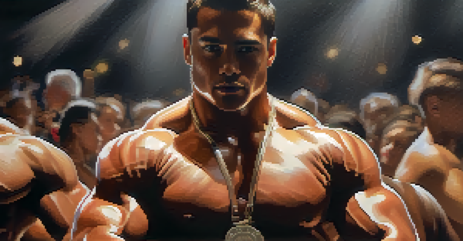 A close-up of a determined participant showcasing their physique at a bodybuilding charity event, with supportive figures in the background.