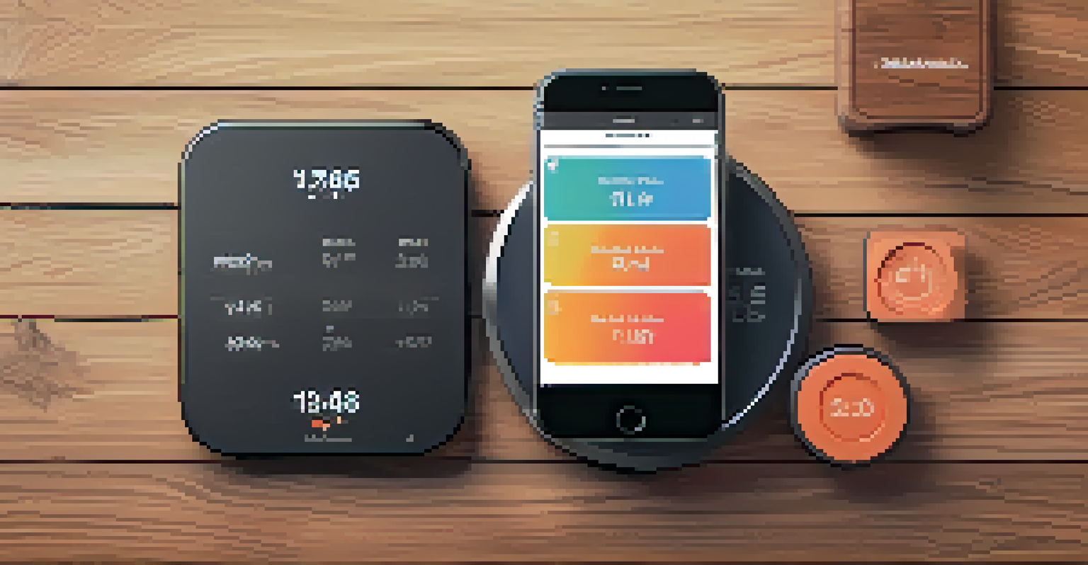 An arrangement of smart weight plates on a wooden floor with a smartphone app displaying workout statistics.