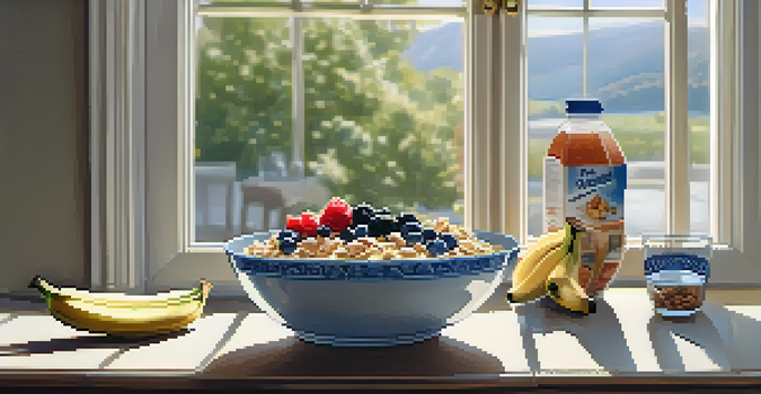A kitchen scene with a bowl of oatmeal topped with bananas and berries, a glass of water, and a plate of mixed nuts, illuminated by soft morning light.