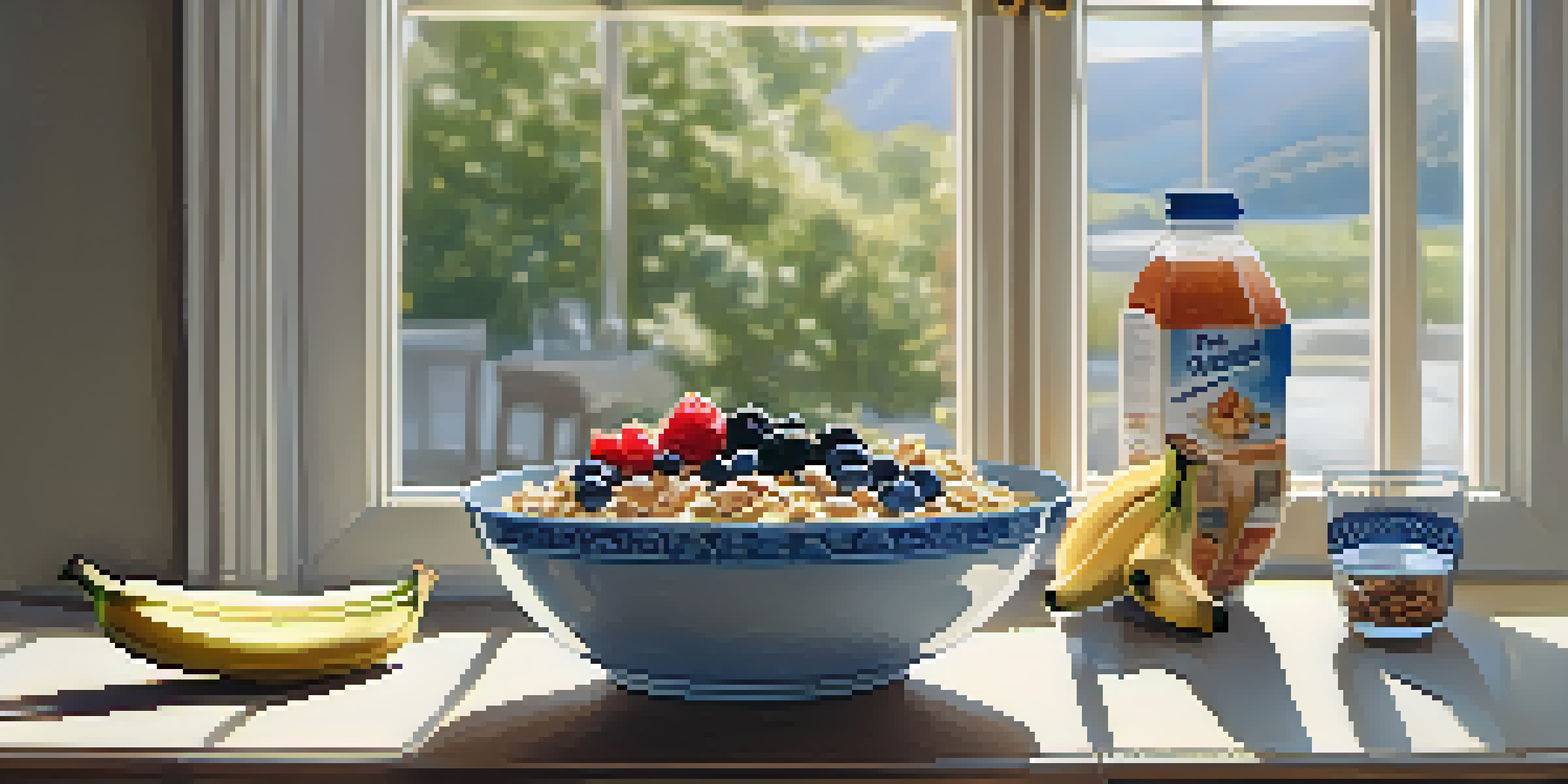 A kitchen scene with a bowl of oatmeal topped with bananas and berries, a glass of water, and a plate of mixed nuts, illuminated by soft morning light.