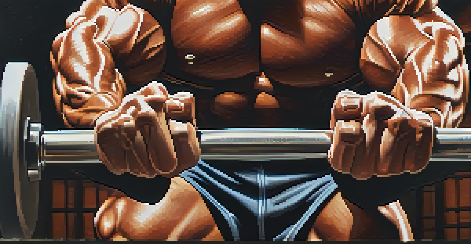 A close-up of a bodybuilder's hands gripping a barbell in a gym, highlighting strength and dedication with visible sweat.