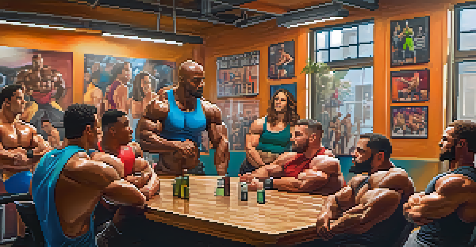 A group of bodybuilders interacting and supporting each other in a gym setting.