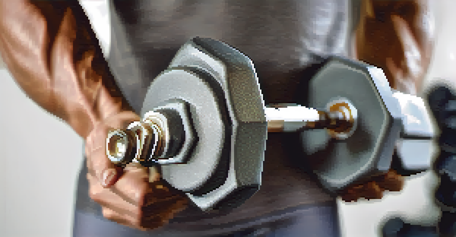 Close-up of a pair of hands gripping a dumbbell, showcasing sweat and determination, with a blurred background.