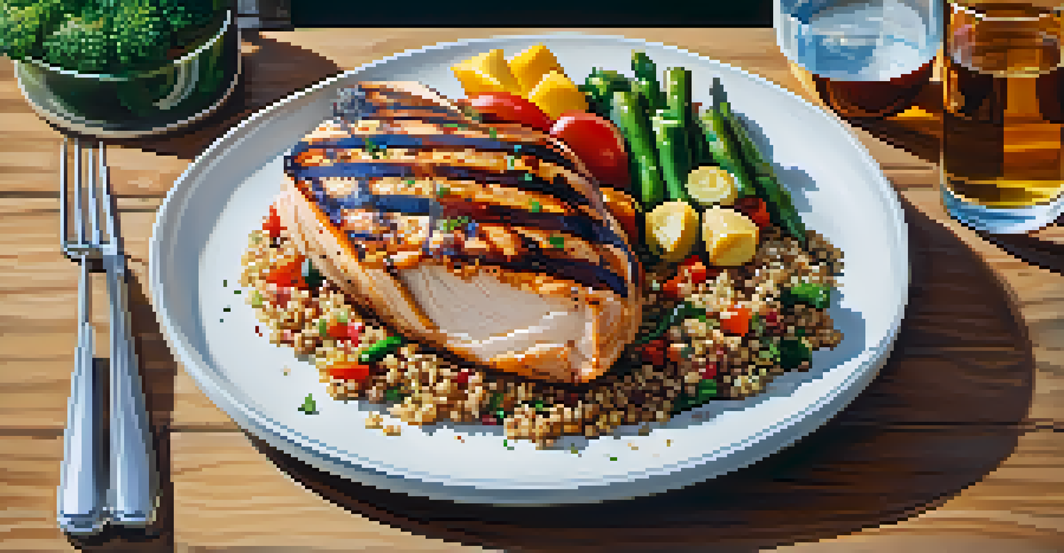 A close-up of a healthy meal for bodybuilding, including grilled chicken, quinoa, and vibrant vegetables, with natural light enhancing the freshness.