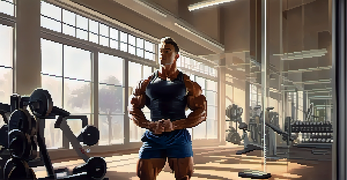 A bodybuilder in a gym standing in front of a mirror, reciting affirmations at dawn, with soft morning light illuminating the scene.