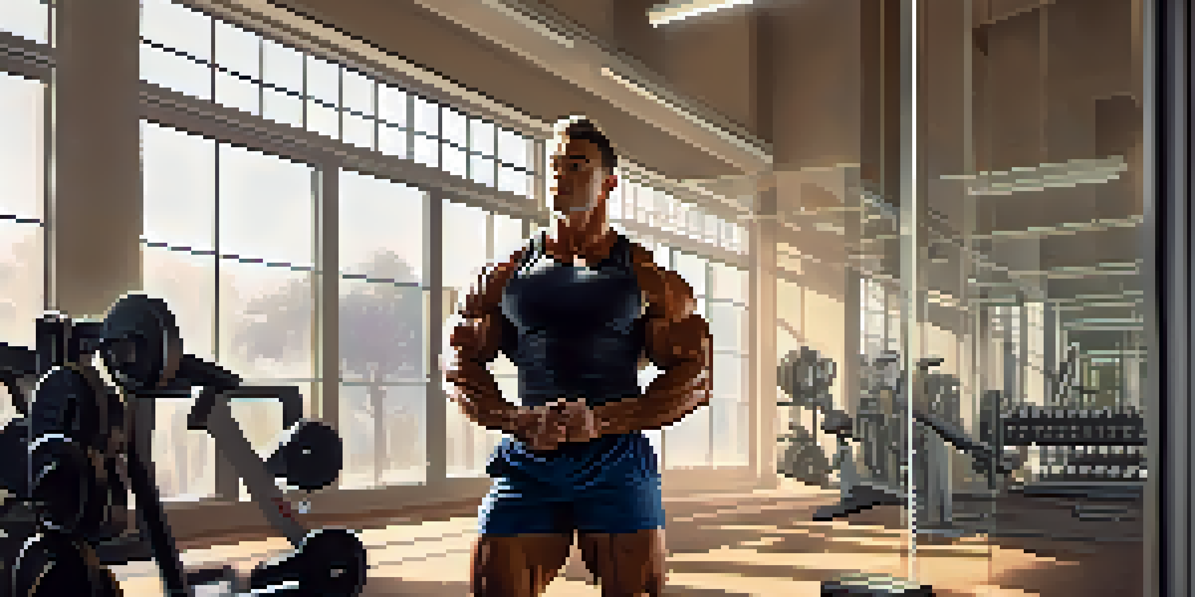A bodybuilder in a gym standing in front of a mirror, reciting affirmations at dawn, with soft morning light illuminating the scene.