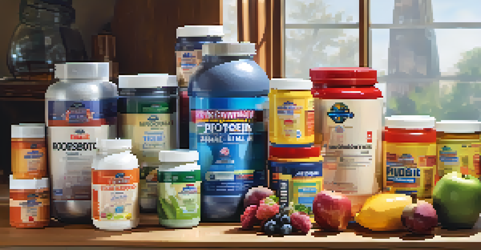 An artistic still life of colorful bodybuilding supplements on a wooden table, with fresh fruits and a water bottle.