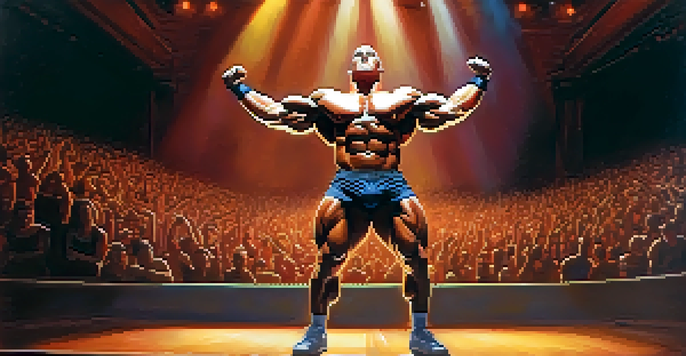 A bodybuilder performing a front double biceps pose on stage, highlighted by dramatic lighting and a cheering audience in the background.
