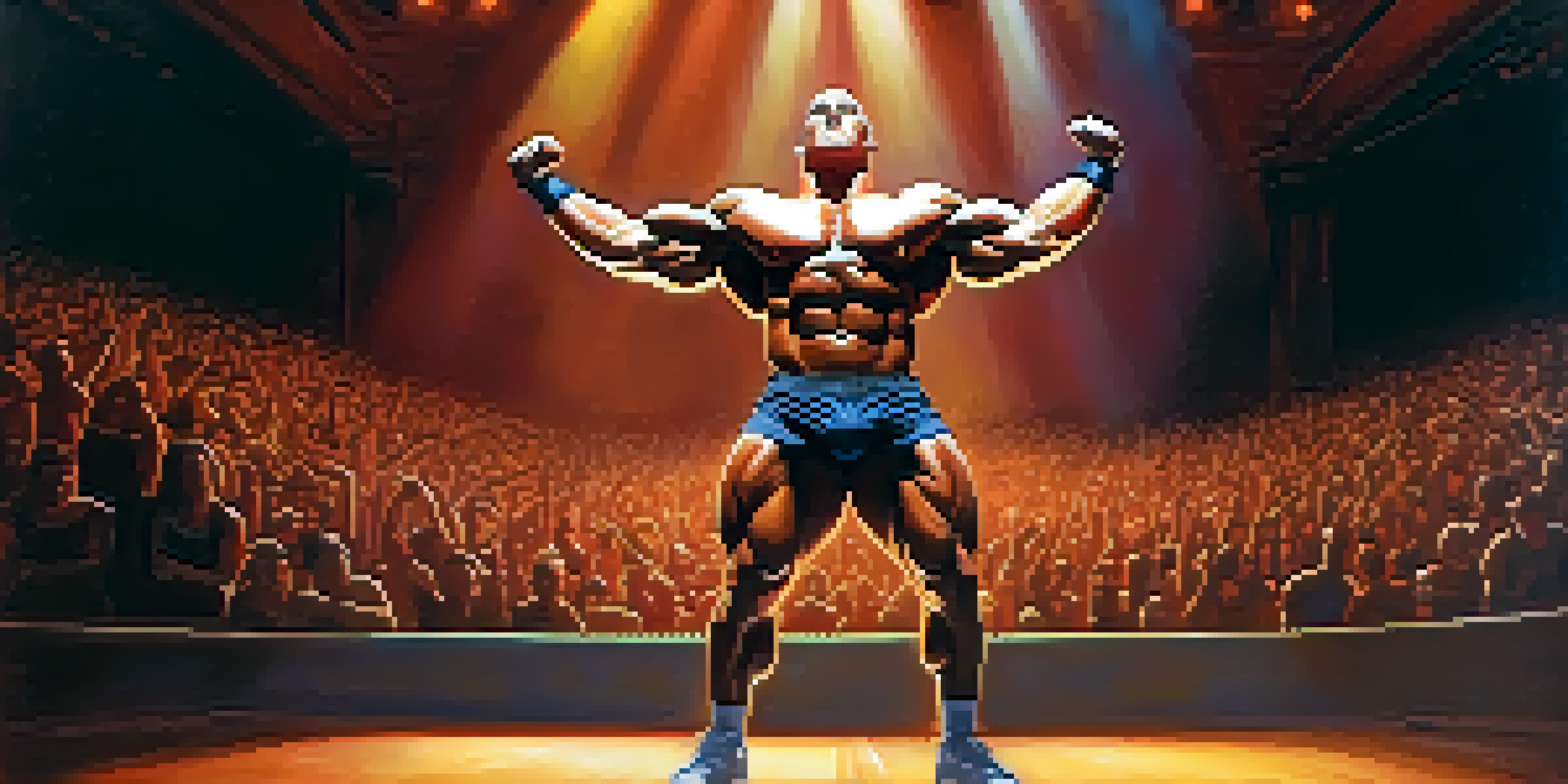 A bodybuilder performing a front double biceps pose on stage, highlighted by dramatic lighting and a cheering audience in the background.