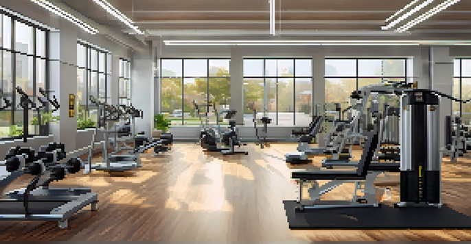 A bright and inviting gym interior filled with workout stations and people exercising, creating a vibrant community atmosphere.