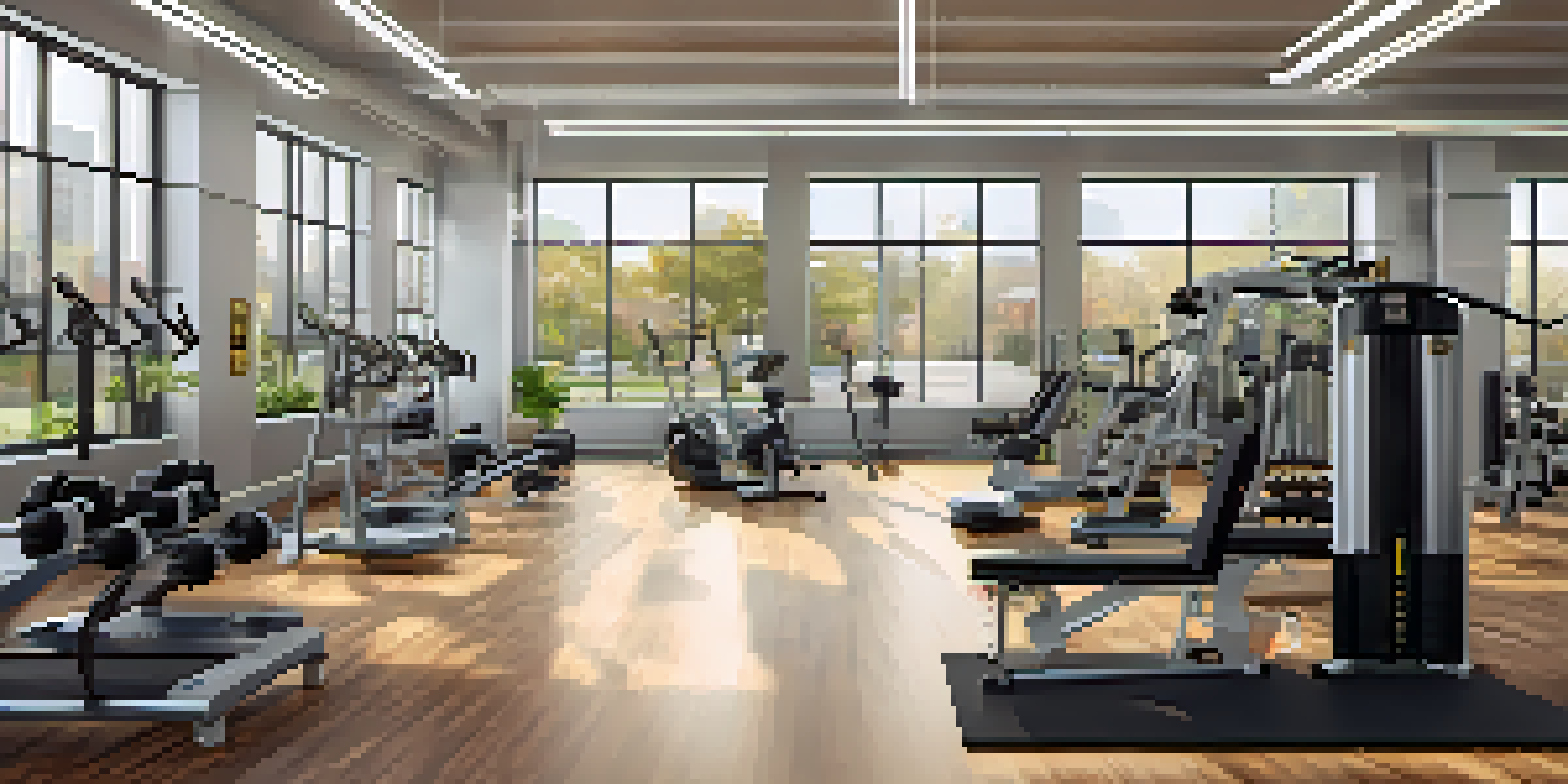 A bright and inviting gym interior filled with workout stations and people exercising, creating a vibrant community atmosphere.