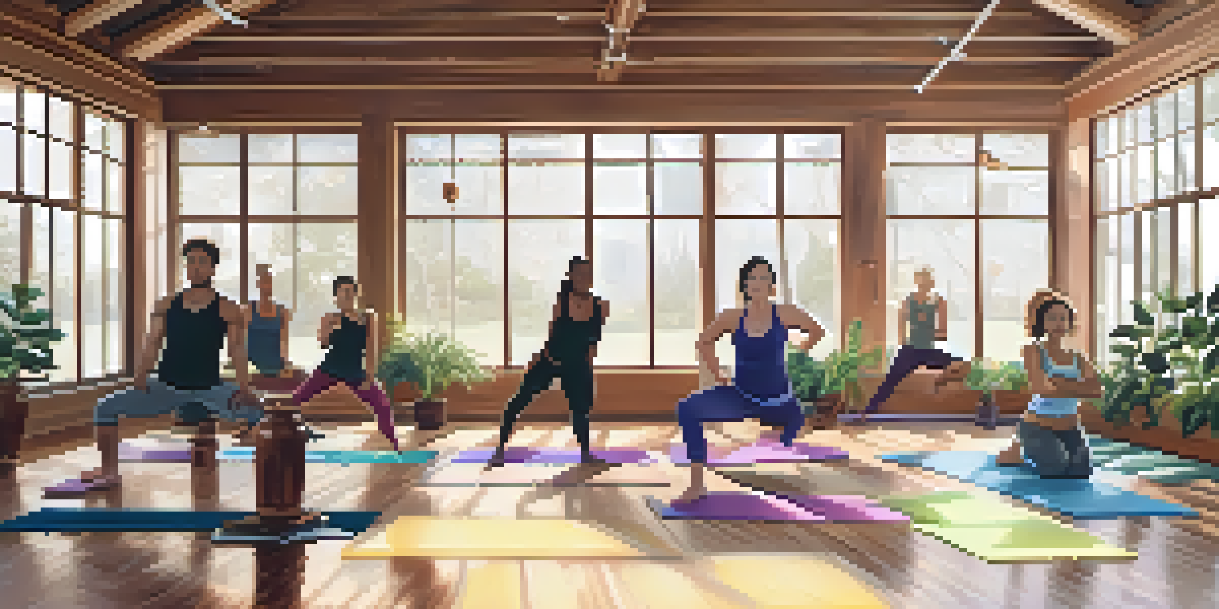 A diverse group of individuals practicing yoga in a bright gym with large windows and wooden flooring, showcasing tranquility and community in fitness.
